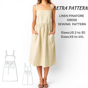 May include: A sewing pattern for a linen pinafore dress with pockets. The pattern includes sizes US 2 to 30 and XS to 4XL. The pattern is shown on a model wearing the dress.