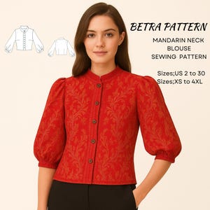 Patrón de costura para blusa vintage con cuello mandarín y cárdigan con mangas abullonadas (tamaño A4-carta estadounidense, tallas XS-4XL) (patrón en PDF)