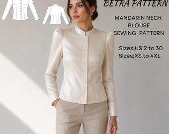 Mandarin Neck Blouse Sewing Pattern – Puff Sleeve Buttondown, Vintage Style (PDF)