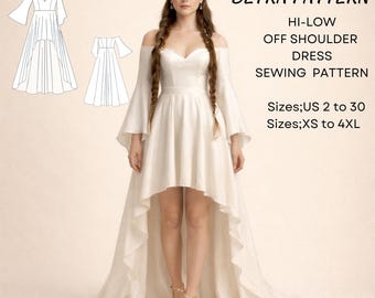 Hi-Low Off Shoulder Dress Sewing Pattern: Goddess Ball Gown (A4/US Letter) (Digital Download)