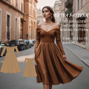 Patrón de costura de vestido midi vintage con hombros descubiertos, patrón de vestido medieval, vestido con cuello de corazón, vestido de noche, tamaño A0, A4-carta de EE. UU., EE. UU.; 2 a 30, XS-4XL