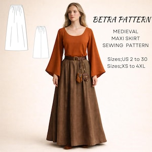 May include: A woman wearing a rust-colored long-sleeve top and a brown maxi skirt, with a brown belt and small pouch. The image includes a sewing pattern diagram and text that reads "BETRA PATTERN MEDIEVAL MAXI SKIRT SEWING PATTERN Sizes; US 2 to 30 Sizes; XS to 4XL."