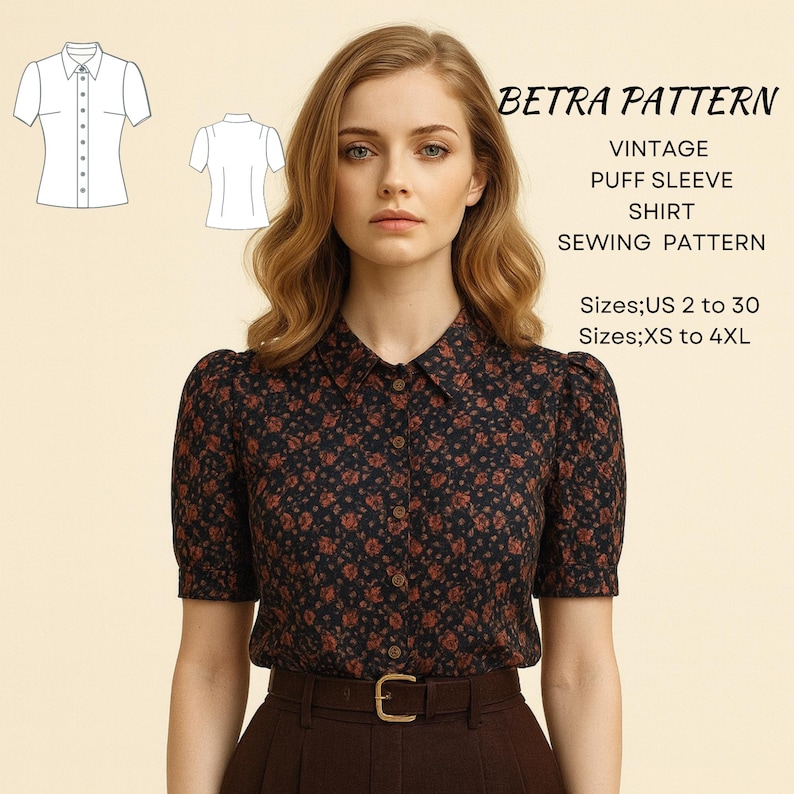 Vintage Puff Sleeve Blouse Sewing Pattern – Slim Fit, US 2-30 (PDF) - Etsy