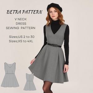 Patrón de costura para minivestido con escote en V, vestido de invierno, vestido de medio círculo, vestido de otoño, vestido cottagecore, tallas A0, A4-US, XS-4XL