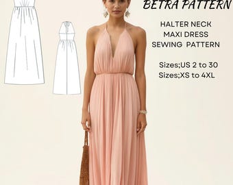 Chiffon Halter Maxi Dress Sewing Pattern: Cottagecore Ball Gown (PDF)