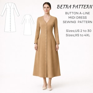Op de afbeelding: Een beige midi-jurk met knopen, lange mouwen en een V-hals. De jurk heeft een rij knopen aan de voorkant en wordt door een persoon gedragen. De afbeelding bevat ook een patroontekening en de tekst "BETRA PATTERN BUTTON A-LINE MIDI DRESS SEWING PATTERN Sizes;US 2 to 30 Sizes;XS to 4XL."