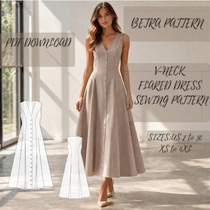 Könnte beinhalten: Ein beiges V-Ausschnitt-Kleid-Schnittmuster. Das Kleid hat eine Knopfleiste vorne und einen ausgestellten Rock. Das Bild enthält eine PDF-Download-Option und eine Größenangabe von US 2 bis 30, XS bis 4XL. Der Text auf dem Bild lautet "BETRA PATTERN".