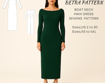 May include: A woman models a dark green boat neck maxi dress. The dress has long sleeves and a fitted silhouette. The image includes a sewing pattern diagram and text that reads "BETRA PATTERN BOAT NECK MAXI DRESS SEWING PATTERN Sizes; US 2 to 30 Sizes; XS to 4XL."
