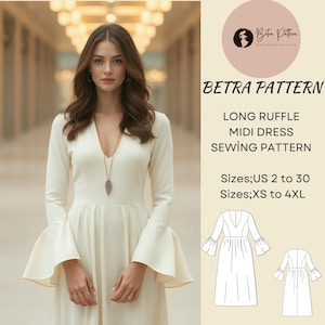 Patrón de costura para vestido de primavera con mangas largas con volantes, vestido midi, vestido de otoño fruncido, vestido informal con escote en V curvo, talla A0, A4-US, talla EE. UU. 2 a 30, XS-4XL