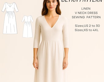 V-Neck Linen Midi Dress Sewing Pattern: Gathered Skirt (PDF)