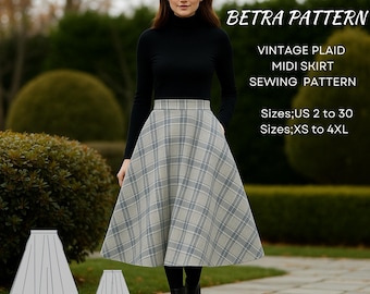 Vintage Plaid Midi Skirt Sewing Pattern: Plus Size (Digital Download)