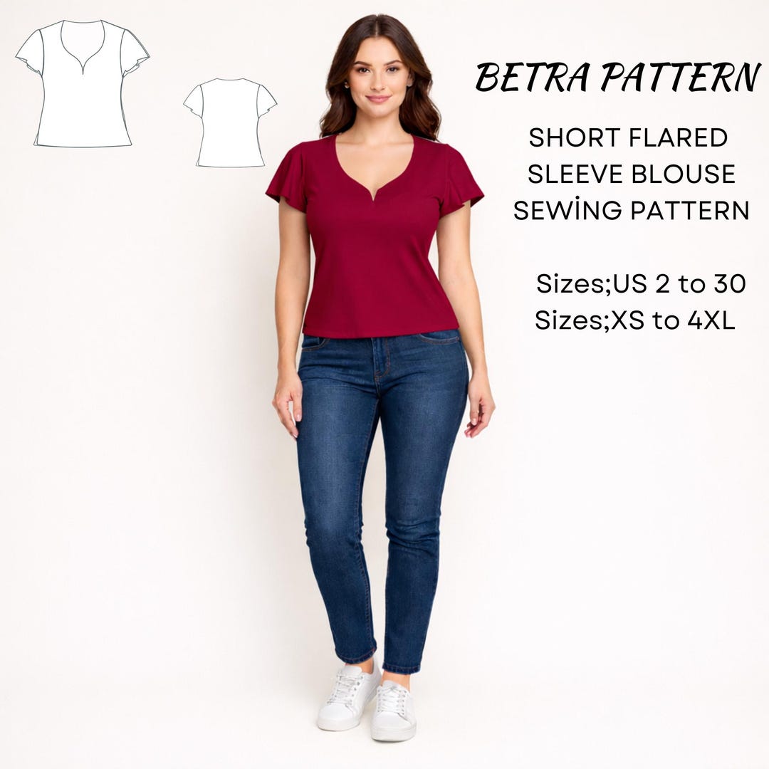 Short Flared Sleeve Blouse Sewing Pattern – Summer Top – PDF A0/A4 US 2 ...