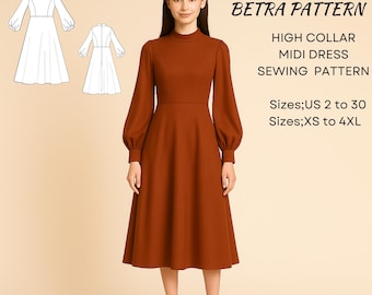 Schnittmuster für hochgeschlossenes Midikleid mit Puffärmeln - PDF A0/A4 US 2-30