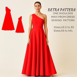 Patrón de costura para vestido de fiesta de un solo hombro: graduación, compromiso, noche (A4, Carta EE. UU.) (Patrón PDF)