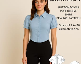 Puff Sleeve Blouse Sewing Pattern – Button Down Cottagecore Shirt (PDF)