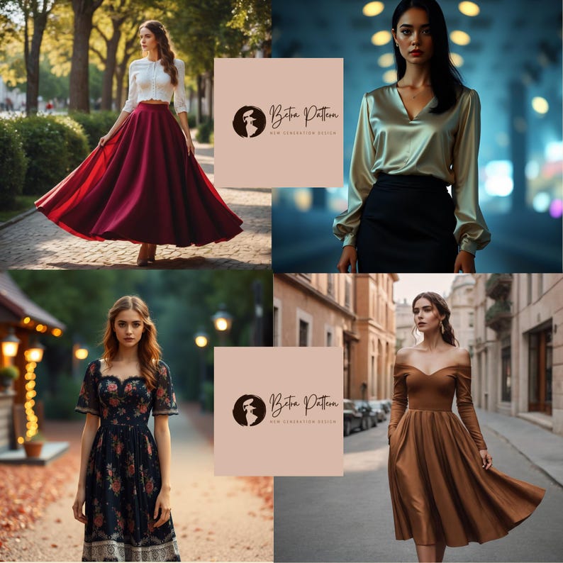 May include: Four women wearing different dresses. The first woman is wearing a red skirt and a white blouse. The second woman is wearing a black skirt and a gold blouse. The third woman is wearing a floral print dress. The fourth woman is wearing a brown dress. The image includes the text "Betra Pattern New Generation Design".