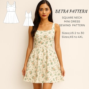 Schnittmuster für Minikleid mit viereckigem Ausschnitt: Sommerkleid mit Blumenmuster (A4/US Letter) (Digital Download)