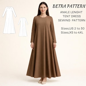 May include: A woman wearing a long-sleeved, ankle-length brown dress. The image includes a sewing pattern with the text "BETRA PATTERN, ANKLE LENGHT TENT DRESS SEWING PATTERN." The pattern sizes range from US 2 to 30 and XS to 4XL.