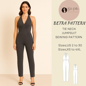 Tie Neck Jumpsuit Sewing Pattern,Skinny Leg Jumpsuit,Halter Neck Jumpsuit,Backless Jumpsuit,Burgundy Jumpsuit,A0,A4-US Letter,US;2-30,XS-4XL