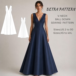 Könnte beinhalten: Ein ärmelloses, marineblaues Ballkleid mit tiefem V-Ausschnitt und bodenlangem Rock. Text: BETRA PATTERN, V-NECK BALL GOWN SEWING PATTERN, Sizes; US 2 to 30, Sizes; XS to 4XL. Enthält eine weiße Strichzeichnung des Schnittmusters für das Kleid.