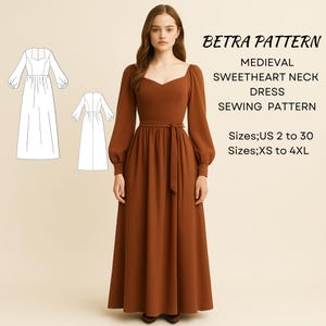 Medieval Sweetheart Neck Dress Sewing Pattern (XS-4XL, US 2-30) (PDF Pattern)