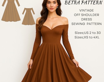 Patrón de vestido vintage con hombros descubiertos y escote corazón (patrón PDF)