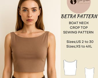 Puede incluir: Una mujer con un top corto marrón con cuello barco. La imagen incluye el texto "BETRA PATTERN BOAT NECK CROP TOP SEWING PATTERN Tallas; US 2 a 30 Tallas; XS a 4XL".