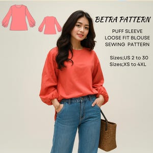 Patrón de costura para blusa con mangas abullonadas: top bohemio holgado (PDF A0/A4 US 2-30)