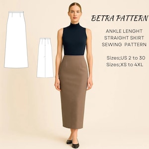 Può includere: Una donna indossa un top senza maniche blu navy e una gonna dritta marrone alla caviglia. L'immagine include uno schizzo della gonna e il testo "BETRA PATTERN, ANKLE LENGTH STRAIGHT SKIRT SEWING PATTERN, Taglie: US 2 a 30, Taglie: XS a 4XL."