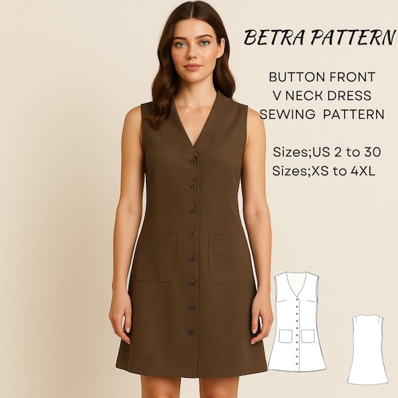 Button Down V-neck Mini Dress Sewing Pattern (A4-US Letter, XS-4XL) (PDF Pattern) - Etsy Button Down V-neck Mini Dress Sewing Pattern (A4-US Letter, XS-4XL) (PDF Pattern) - Etsy