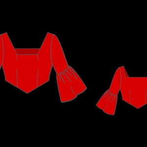 May include: Two red tops with square necklines and bell sleeves. The top on the left is larger than the top on the right.