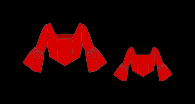 May include: Two red tops with square necklines and bell sleeves. The top on the left is larger than the top on the right.
