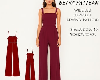 Formal Jumpsuit Sewing Pattern – Palazzo Leg Overalls Dungaree Style – PDF A0/A4 US 2-30