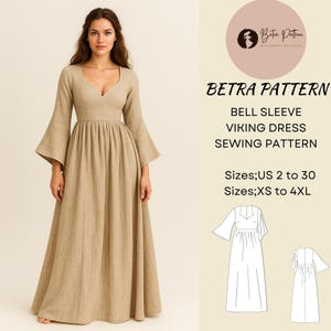 Bell Sleeve Viking Dress Sewing Pattern,Scandinavian Dress,Maxi Dress,Victorian Dress,Regency,Elvish Dress,2 to 30,XS-4XL, A0,A4-US Letter