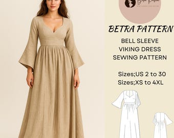 Bell Sleeve Viking Dress Sewing Pattern, Maxi, Elvish, XS-4XL (PDF Pattern)
