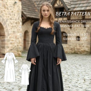 Puede incluir: Un patrón de costura para un vestido renacentista negro con escote de encaje y mangas largas acampanadas. El patrón incluye las tallas US 2 a 30 y XS a 4XL.