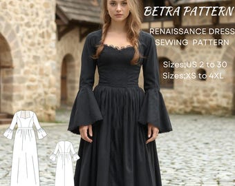 Può includere: Un cartamodello per un abito rinascimentale nero con scollo a pizzo e maniche lunghe a campana. Il cartamodello comprende le taglie US 2-30 e XS-4XL.