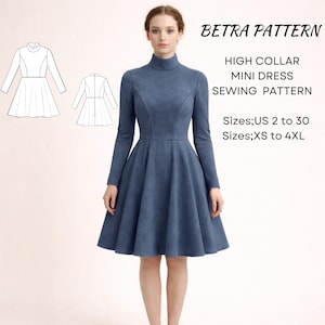 May include: A blue high-collar mini dress sewing pattern by Betra Pattern. The dress features long sleeves and a flared skirt. The pattern includes sizes US 2 to 30 and XS to 4XL.