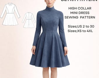 Patrón de costura para minivestido renacentista de cuello alto (manga larga) (PDF, talla A0/A4, talla US 2-30)