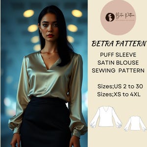 Blusa de cetim com manga bufante, padrão de costura, blusa de seda com decote em V, blusa boho casual, blusa folgada, XS-4XL, A4-US Letter, A0