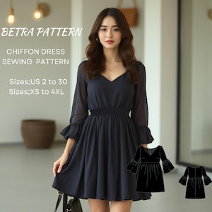 Patrón de costura de minivestido de gasa, vestido transparente, vestido de noche, vestido elegante, vestido de graduación, vestido minimalista, A0, A4-carta de EE. UU., 2 a 30, XS-4XL