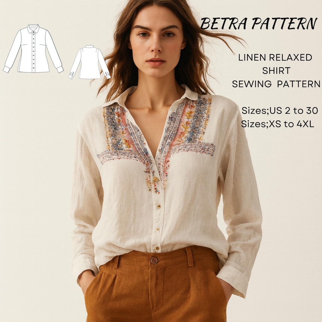 Pattern Relaxed Boho Linen Shirt Sewing Pattern: Relaxed Fit Buttondown (XS-4XL) (PDF ...
