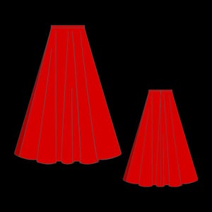 May include: Two red skirts, one longer than the other, with pleats. The skirts are shown against a black background.