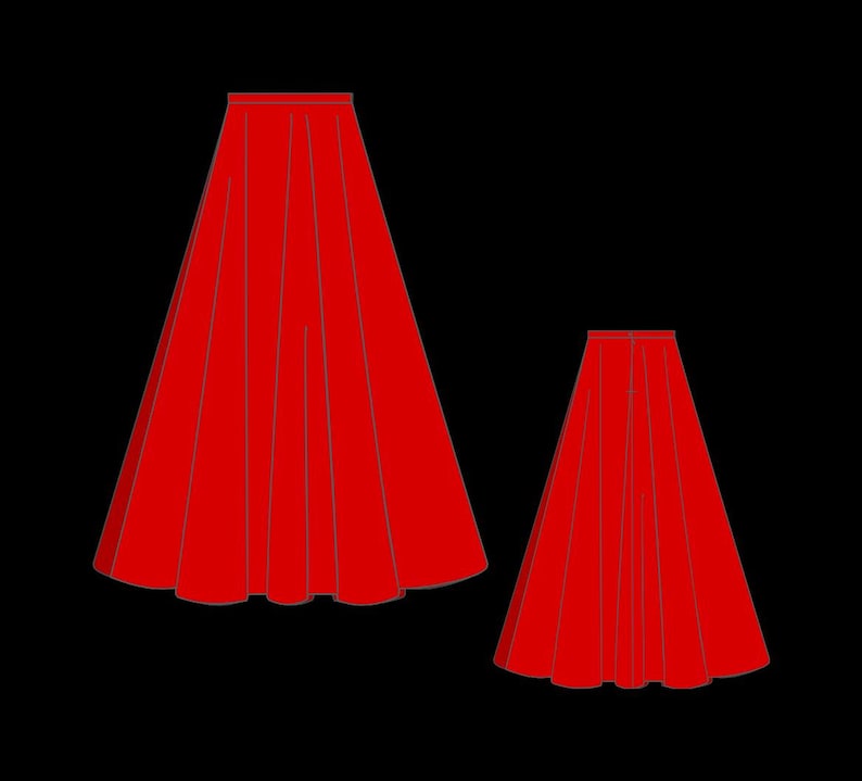 May include: Two red skirts, one longer than the other, with pleats. The skirts are shown against a black background.
