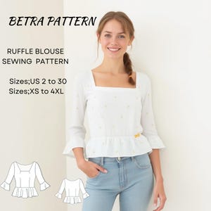 Molde de costura para blusa com babados, blusa de primavera, molde de blusa com mangas com babados, blusa com gola quadrada, tamanho XS-4XL, tamanho A4-EUA, tamanho A0