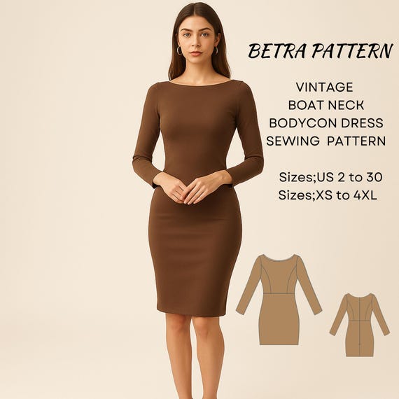 Vintage Bodycon Dress Sewing Pattern: Boat Neck, Stretch Fit (digital  Download) - Etsy New Zealand