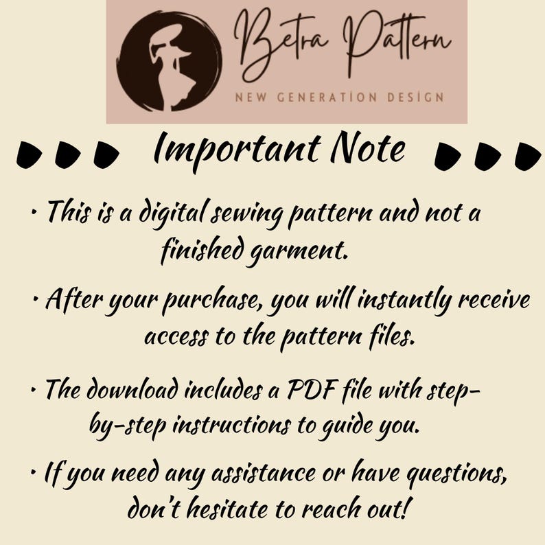 May include: Important Note: This is a digital sewing pattern and not a finished garment. After purchase, you will instantly receive access to the pattern files. The download includes a PDF file with step-by-step instructions. If you need assistance or have questions, don't hesitate to reach out!