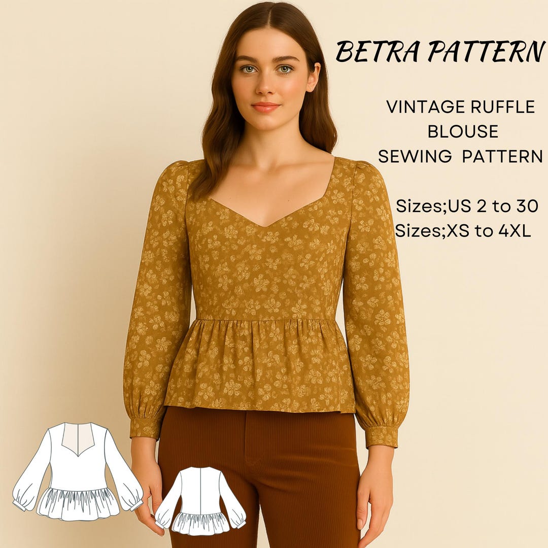Vintage Ruffle Blouse Sewing Pattern,puff Sleeve Blouse,sweetheart Neck ...