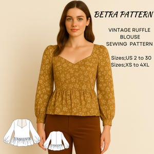 Vintage Ruffle Blouse Sewing Pattern,Puff Sleeve Blouse,Sweetheart Neck Blouse,Fall Blouse,Long Sleeve Blouse,2-30,XS-4XL,A4-US Letter,A0