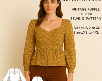 Vintage Ruffle Blouse Sewing Pattern, Puff Sleeve Sweetheart Neck (A4-US Letter) (Digital Download)